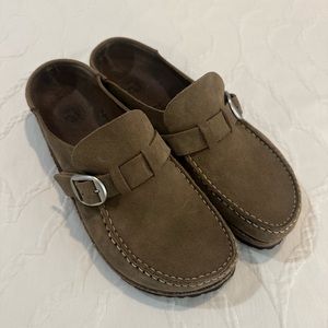 Birkenstock Buckley Suede Leather Taupe Women’s Clog Size 9 EU 40 Narrow EUC